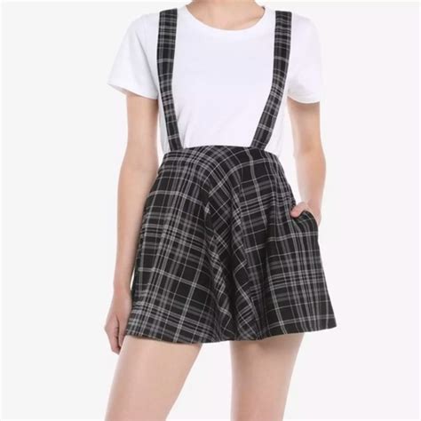 Hot Topic Skirts Nwt Hot Topic Black Grey Plaid Pleated Suspender Mini Skirt Size 2large