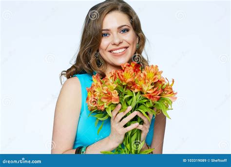 Smiling Woman with Flowers. Isolated Portrait of Happy Girl Stock Image ...