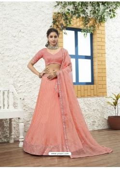 Buy Peach And Green Naylon Satin Embroidered Designer Wedding Lehenga