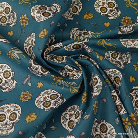 Tissu Popeline T Tes De Mort Calaveras Et Fleurs Fond Canard