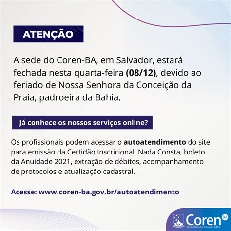 Sede do Coren BA estará fechada dia 08 12 Conselho Regional de