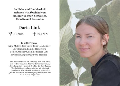 Traueranzeigen Von Daria Link Trauer36 De