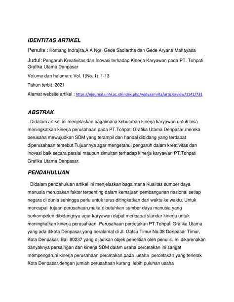 Review Artikel Pengaruh Kreativitas Dan Inovasi Terhadap Kinerja