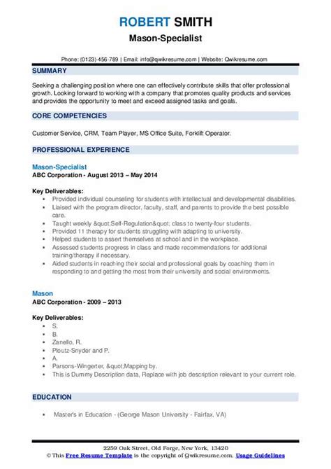 Mason Resume Samples Qwikresume