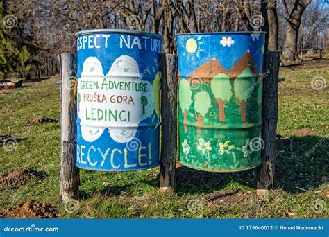 Outdoors Kerbside Rubbish Bins Garbage Can In Nature Editorial