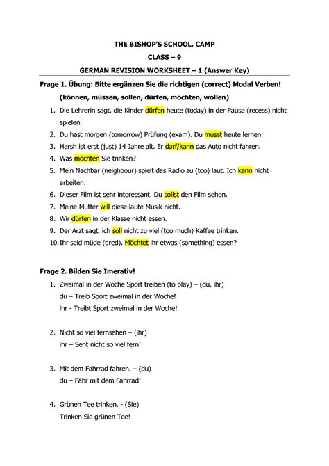 SOLUTION German Class 9 Worksheet 1 Answer Key Studypool