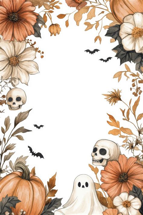Vintage Halloween Watercolor Borders with Pumpkins Cute Ghosts Skulls