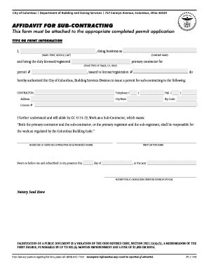 Fillable Online Columbus Affidavit For Sub Contracting This Form Must