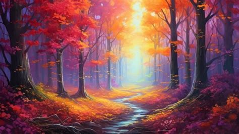 Premium Ai Image A Painting Of A Path Through A Forest With A Stream