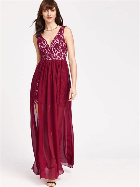 Burgundy Deep V Neck Backless Chiffon Overlay Slit Dress Shein Sheinside