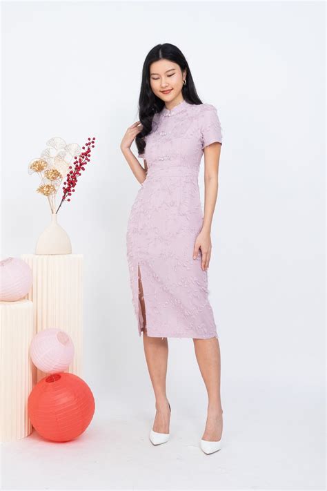 Suzette Fur Cheongsam Dress In Dust Purple 3inute