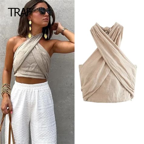 TRAF Linen Halter Top Summer Tops For Women 2023 Crop Backless