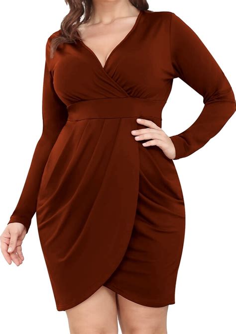 Poseshe Womens Plus Size Dress Long Sleeve Deep V Neck Bodycon Wrap Dress With Front Slit