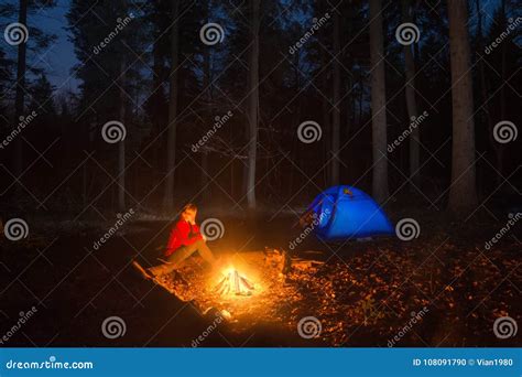 Girl Hiker Looking At The Campfire Stock Photo Image Of Fire