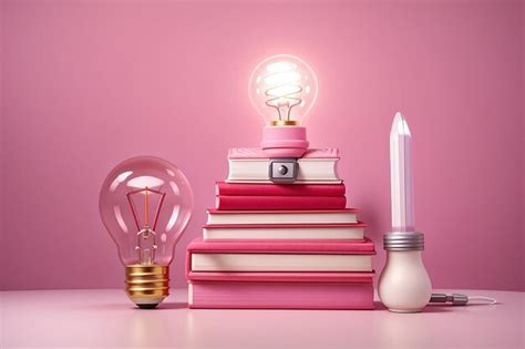 Premium Ai Image Stacked Pink Book And Light Bulb Minimal Concept