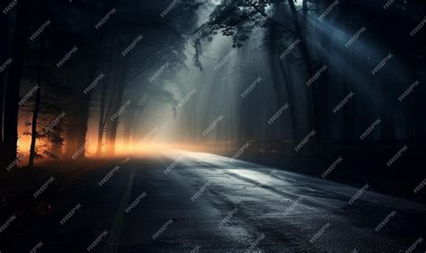 Premium Photo | Fog In Spooky Forest At Moon Light On Asphalt