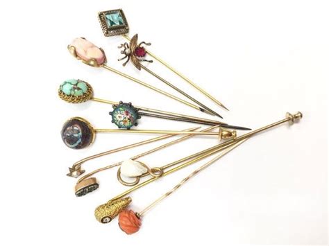 Antique Victorian Gold Stick Pin Lot Carved Coral Mini Mosaic Diamond