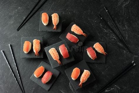 Sushi Of Salmon Tuna Sushi And Shrimp Nigiri Rice Stock Photo Image