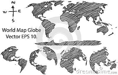 Earth Globe With World Map Detail Vector Line Sketched Up Illustrator