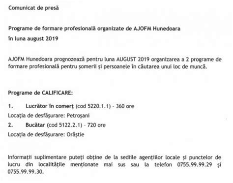 AJOFM Programe de formare profesională organizate în luna august 2019