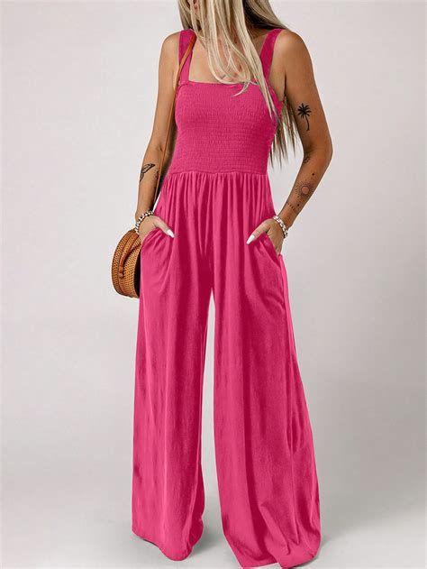 Acelitt Solid Slant Pocket Wide Leg Jumpsuit Shein Usa