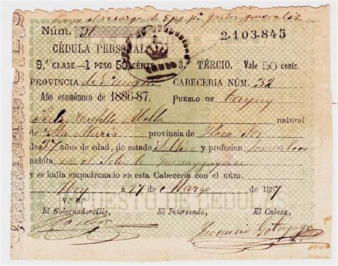 Philippines-Spain Revenue 1886-87 Tayug Cedula Persona for 1 peso 50 ...