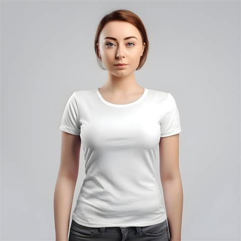 Jovem Mulher De Camiseta Branca Em Branco Em Fundo Cinza Mock Up Psd