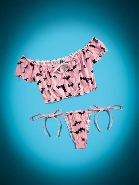 Romwe Halloween Bat Print Off The Shoulder Lingerie Set Shein