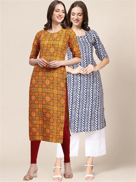 Buy Kalini Women Pack Of 2 Mustard Yellow And White Ethnic Motifs Printed Crepe Kurta Kurtas For