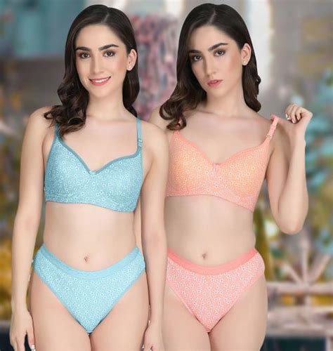 Buy Beach Curve Women Cotton Bra Panty Set For Lingerie Set Pack Of 2 Color Blue Orange