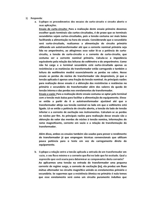 Procedimentos De Ensaio De Curto Circuito E Circuito Aberto Em