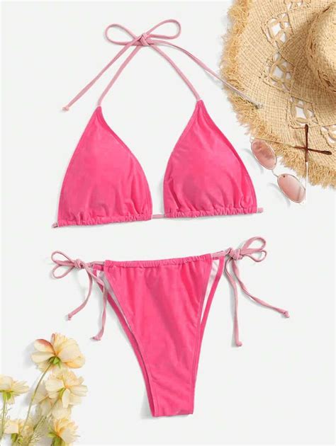 SHEIN Swim Curve Plus Size Halter Triangle Tie Side Bikini Set Summer