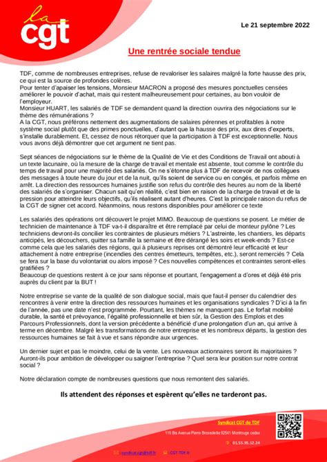 Lire la déclaration CGT au CSE du 21 septembre 2022 Cgt tdf fr