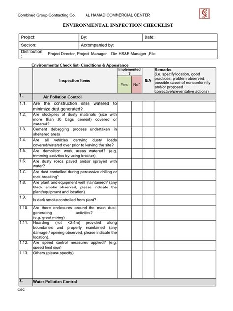 Environmental Inspection Checklist | Download Free PDF | Dust