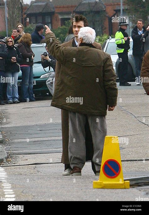 David Tennant and Bernard Cribbins filming on the set of the BBC's 'Doctor Who' Cardiff, Wales ...