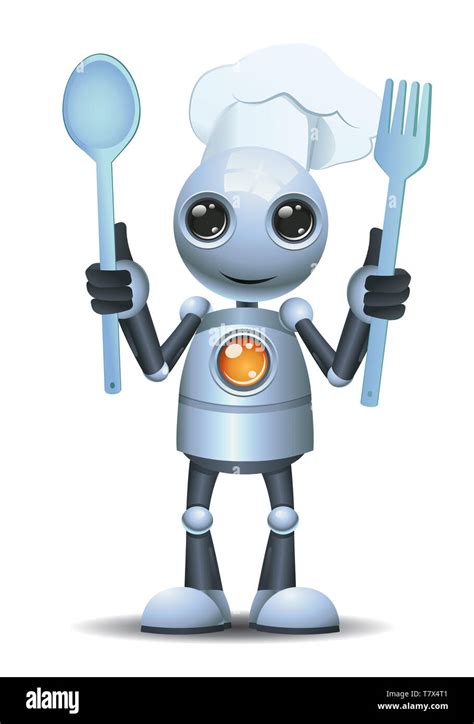 illustration of a little robot chef hold cooking tools on isolated ...