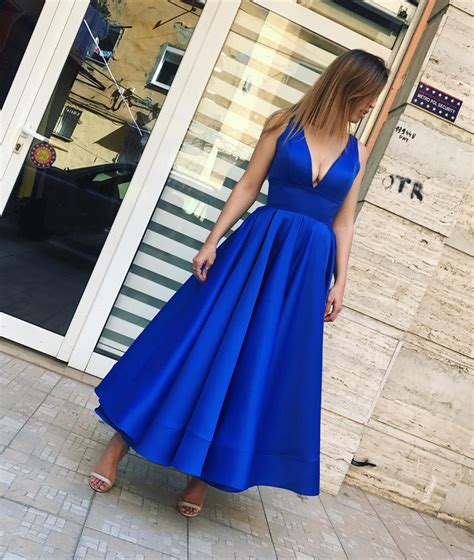 Simple Royal Blue V Neck Satin Ankle Length Prom Dress Royal Blue For