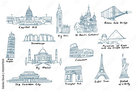 Set of most famous sights of the world. Collection of famous buildings ...