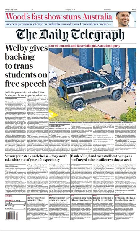 Daily Telegraph Front Page 7th Of July 2023 Tomorrows Papers Today