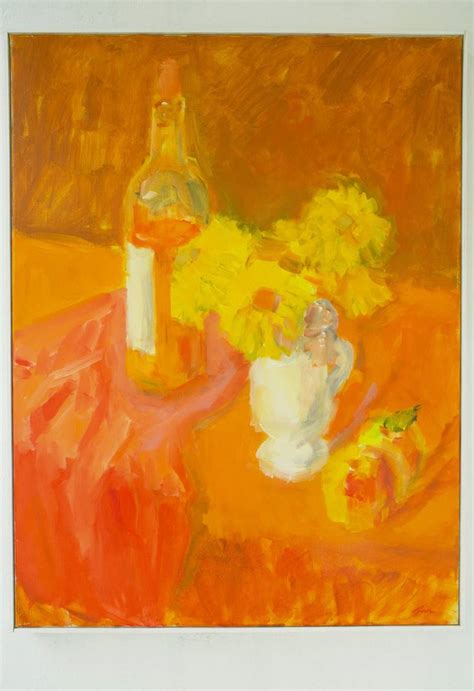 Yellow Flowers And Wine Bottle Painting By Dumitru Bostan Junior