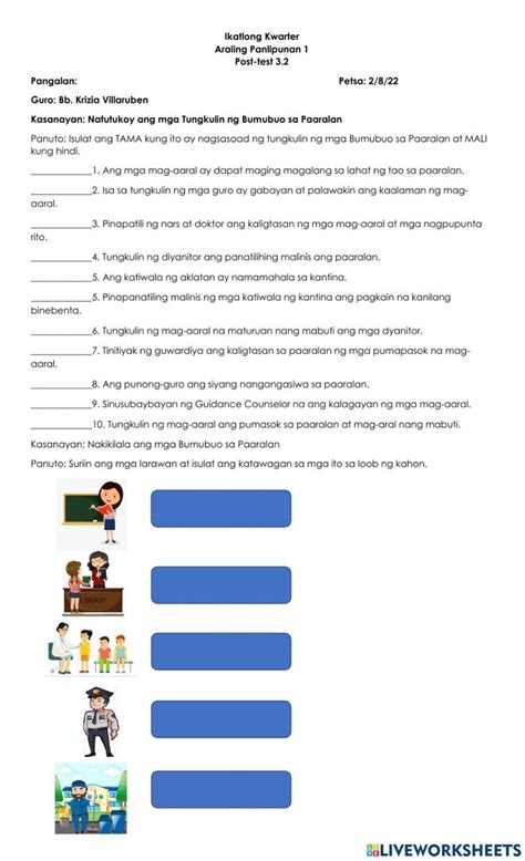 AP 1 Mga Bahagi Ng Paaralan At Bumubuo Rito Worksheet 2nd Grade