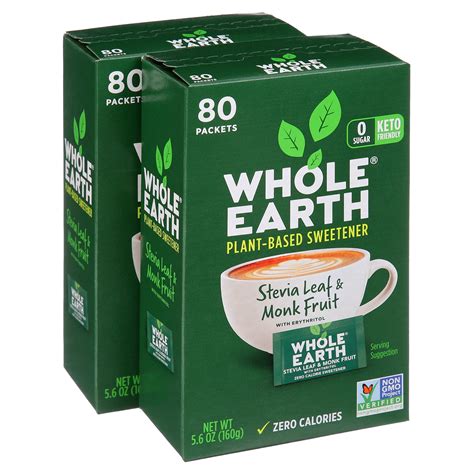 Whole Earth Stevia Leaf And Monk Fruit Sweetener Zero Calorie Erythritol Blend 80 Packets 2