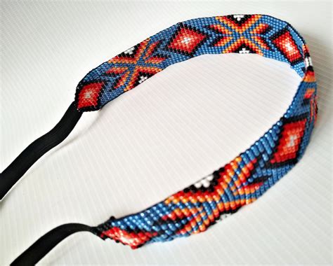 Beaded Headband Southwestern Native American Style Blue Black Etsy