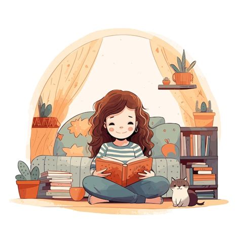 Ilustraci N De Feliz Tu Chica Leyendo Un Libro Con Un Gato En Una