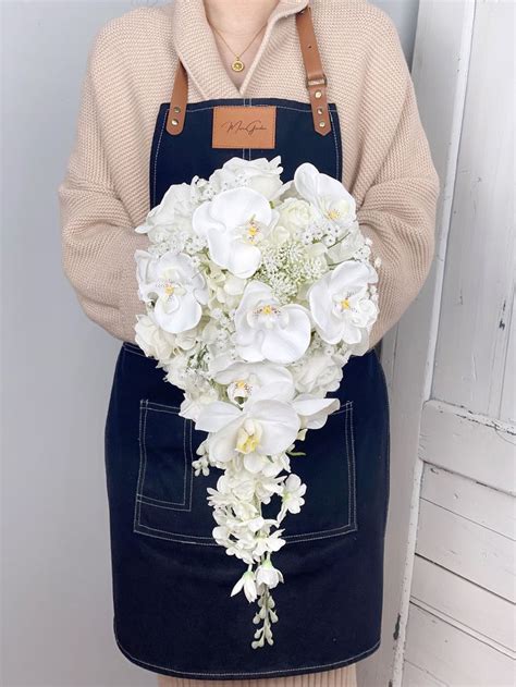 White Orchid Cascading Wedding Bouquet White Teardrop Bouquet Rustic