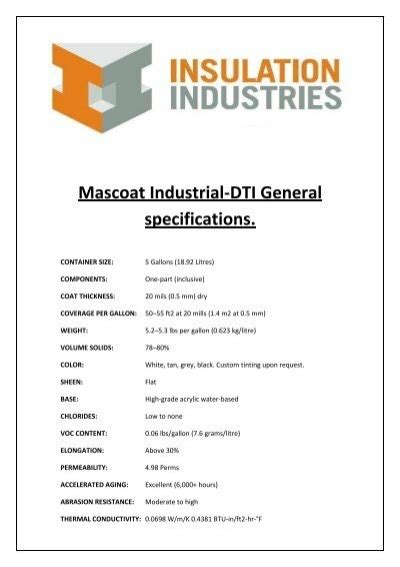 Mascoat Industrial Dti General Specifications Insulation Industries