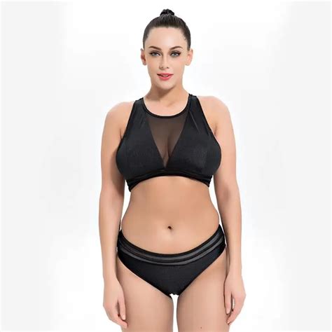 Womens Plus Size Swimsuit Bikini Female Mesh Swimwear Black Two Piece