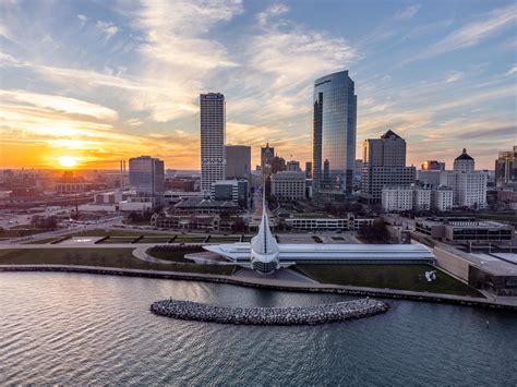 Sunset Over Beautiful Downtown Milwaukee As Seen Over Lake Michigan R