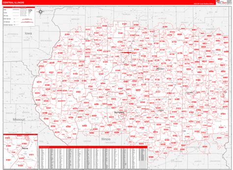 Illinois Central Wall Map Red Line Style by MarketMAPS - MapSales