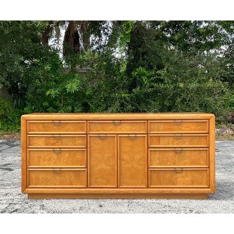 Late 20th Century Vintage Boho Broyhill Burl Wood Double Door Dresser